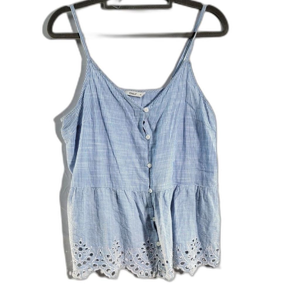 ONLY Blue/White Striped Lace Scallop Hem Spaghetti Strap V-Neck Womens 40